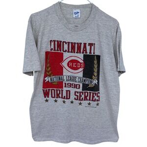 Vintage 1990 Cincinnati Reds World Series T Shirt‎ XL Gray Velva Sheen Baseball